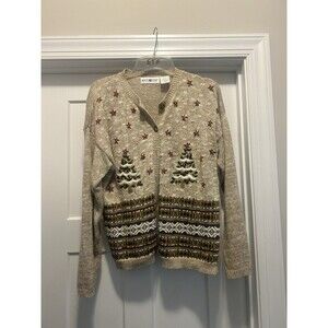 WHITE STAG BEIGE BROWN UGLY CHRISTMAS WOMEN'S SWEATER YARN BEADS TREES Large